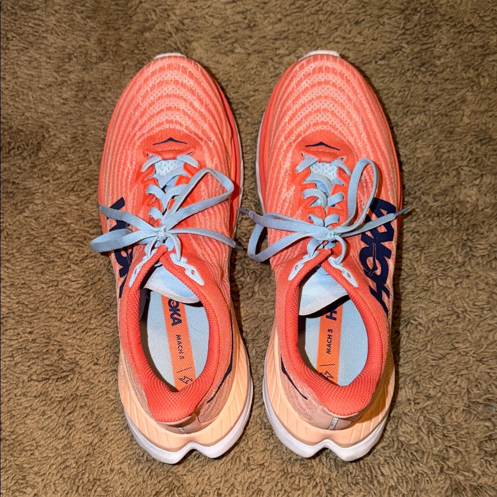 Hoka Coral and Sky Blue Athletic Shoes
